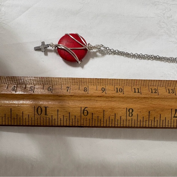 Silver Wrapped Red Stone Necklace with Cross Charm - Picture 4 of 7